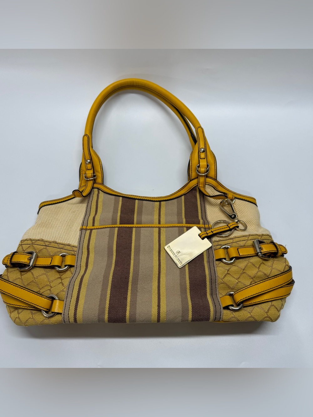 Etienne Aigner Frame Handbag Purse Canvas Leather Yellow Brown Beige